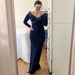 Lauren Ralph Lauren Navy Long Sleeve Portrait Collar Draped Gown size small